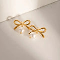 Stainless Steel Bow Pearl Earrings by Trendsi