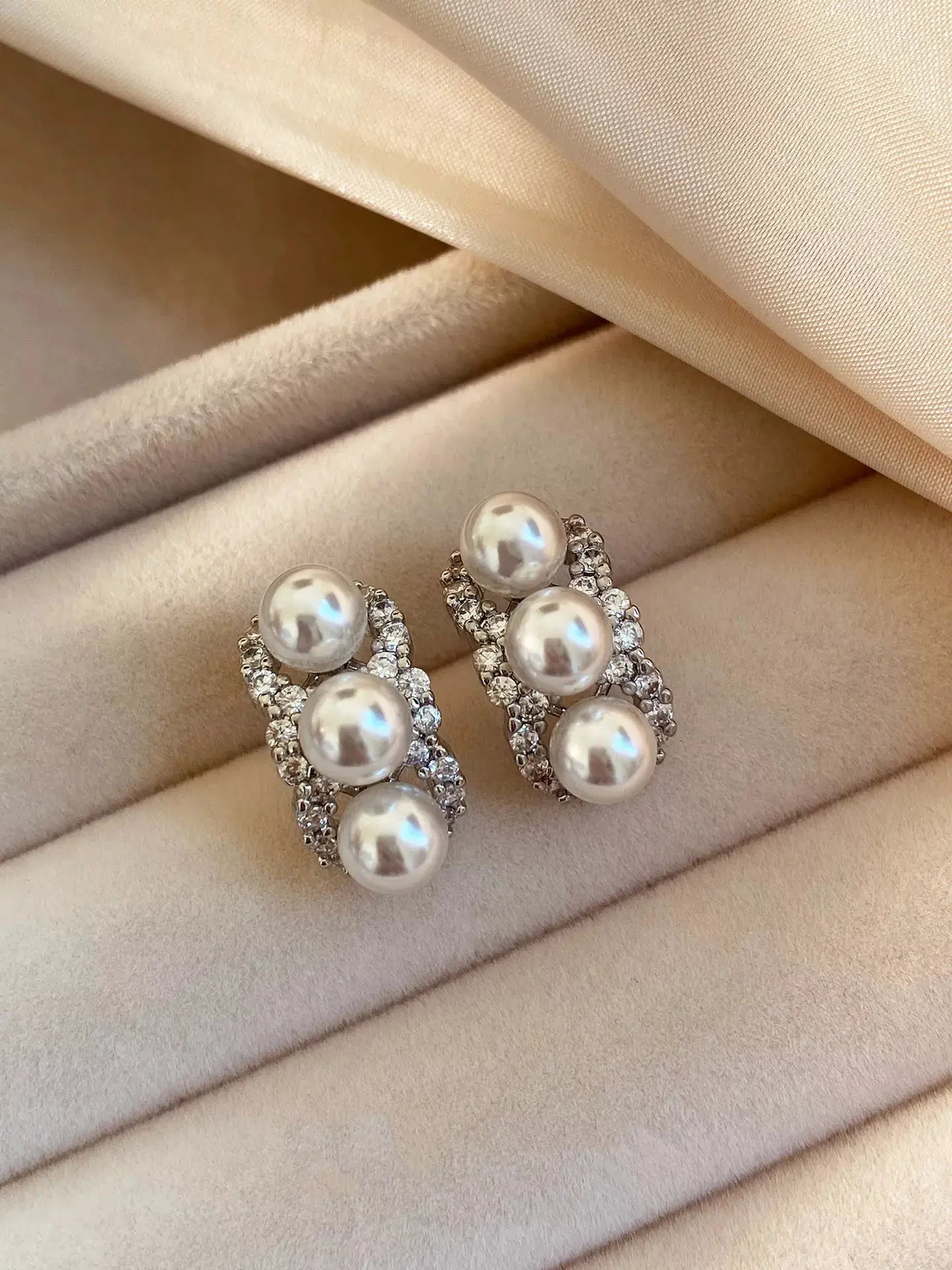 Zircon Triple Pearl Drop Earrings by Trendsi