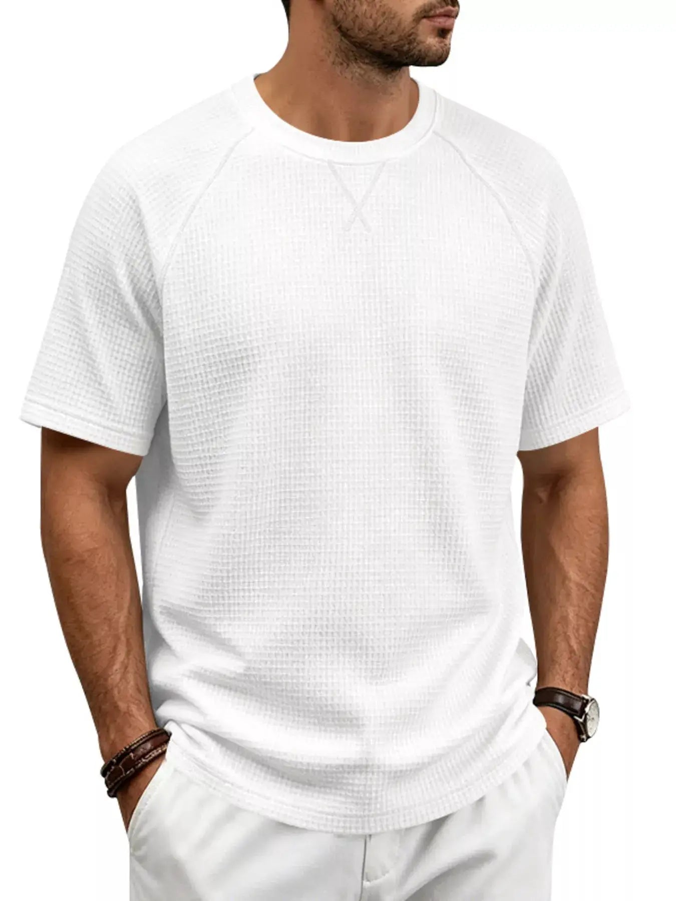 Men's Full Size Waffle Knit Raglan Short Sleeve T-Shirt Plus Size by Trendsi