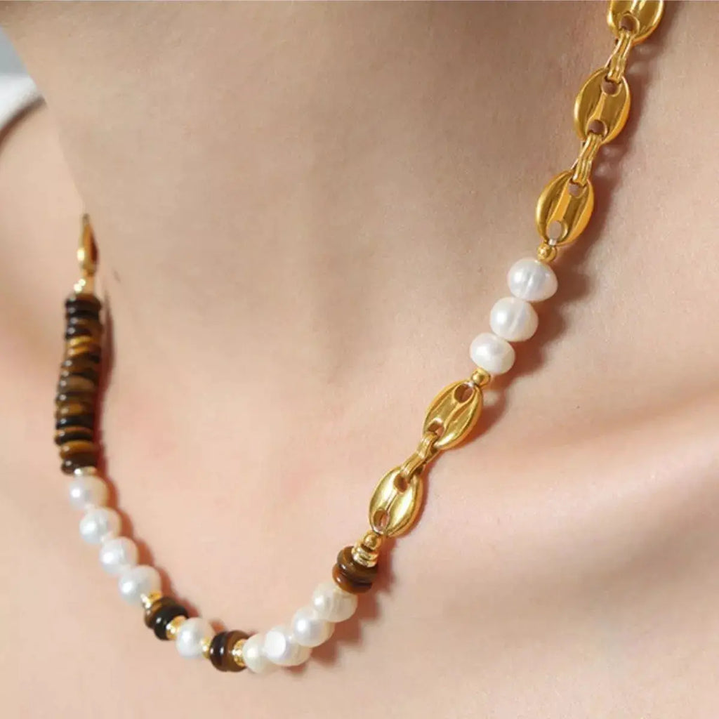 Tiger's Eye Freshwater Pearl 18K Gold-Plated Bead Necklace by Trendsi