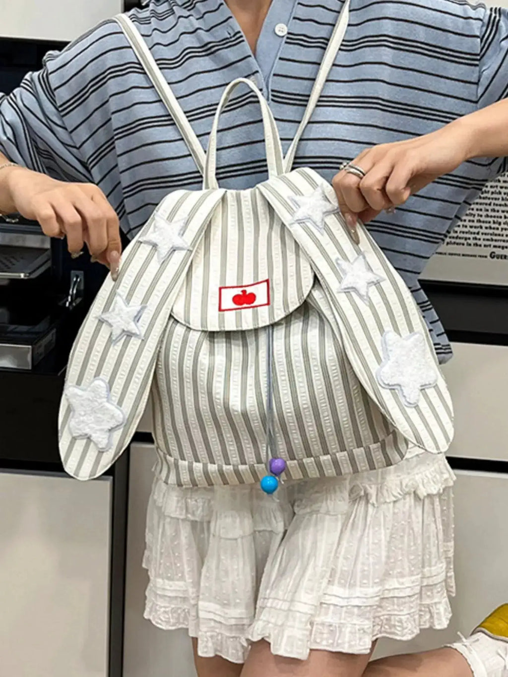 Striped Star Bunny Ear Backpack Bag by Trendsi