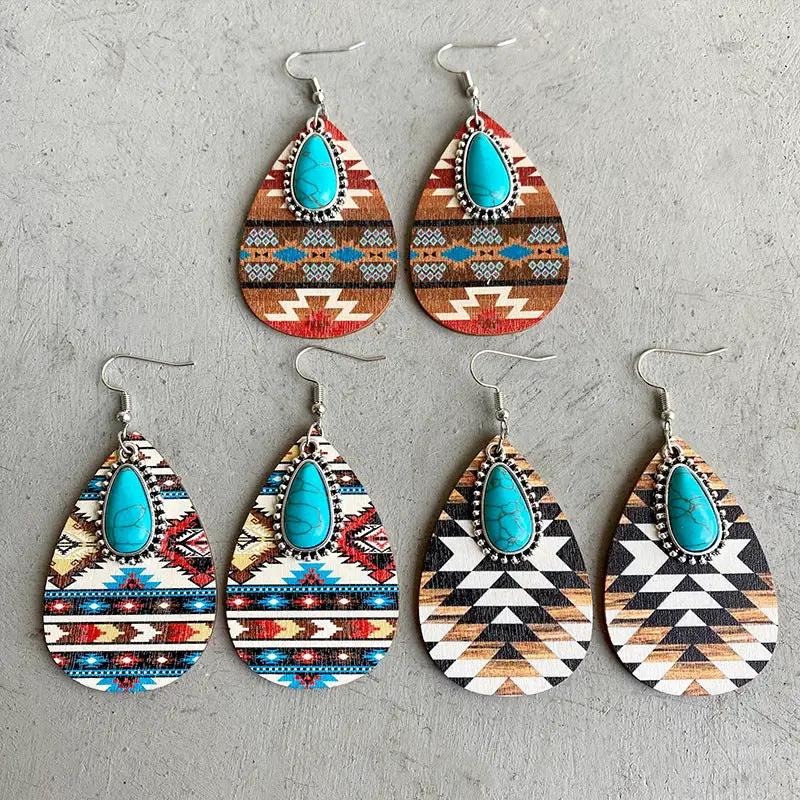 Turquoise Teardrop Shape Wooden Dangle Earrings by Trendsi