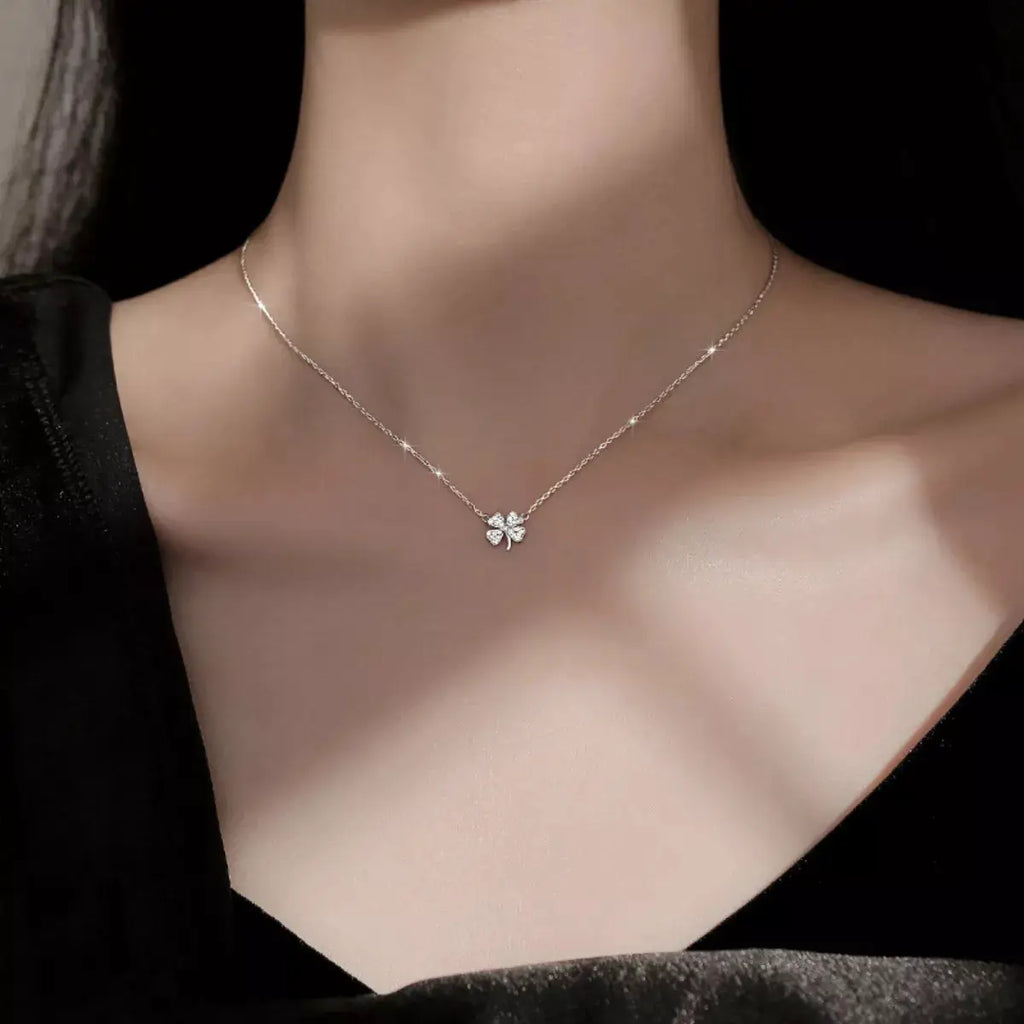 925 Sterling Silver Zircon Four Leaf Clover Necklace by Trendsi