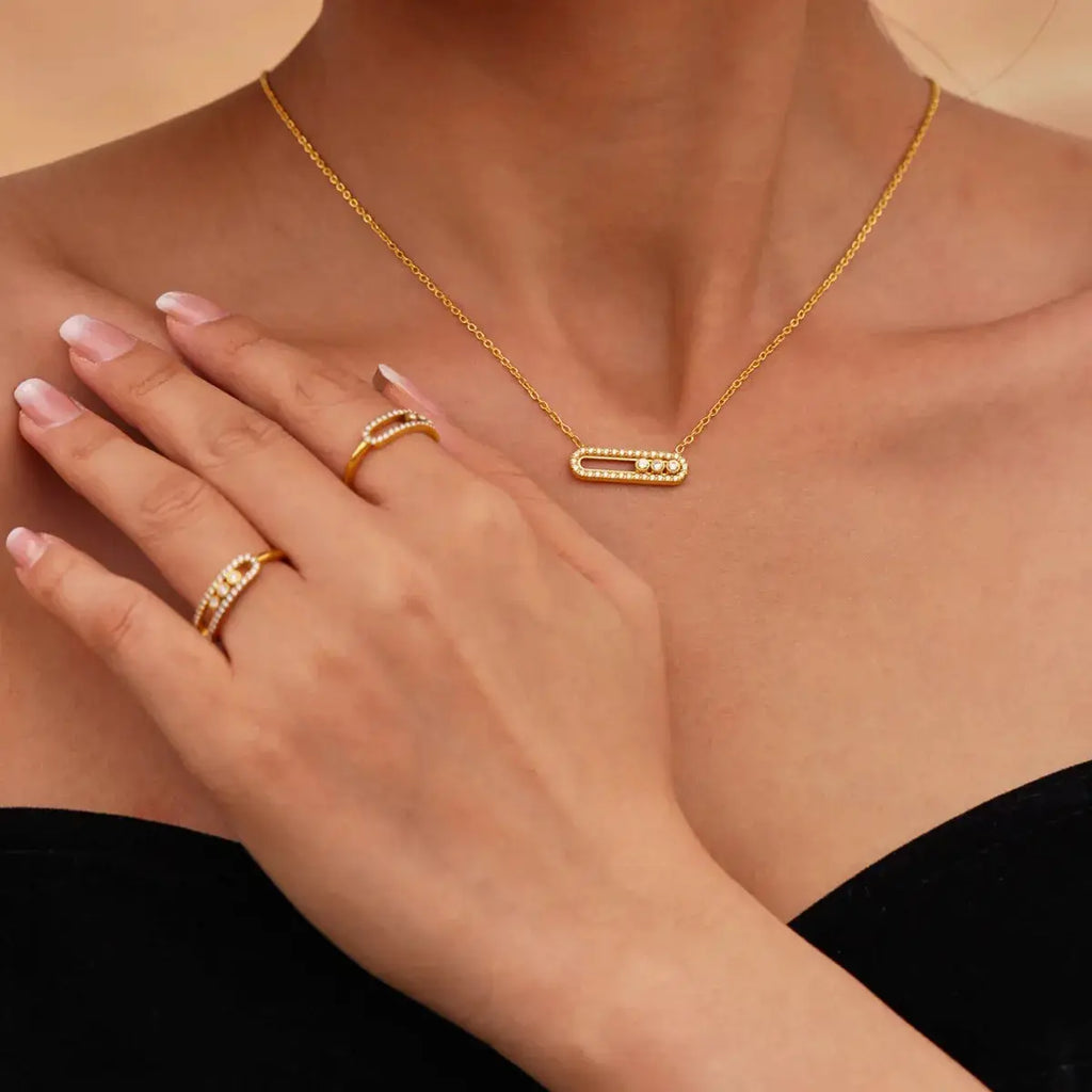 Moving Crystal Bar Necklace and Ring Jewelry Set by Trendsi