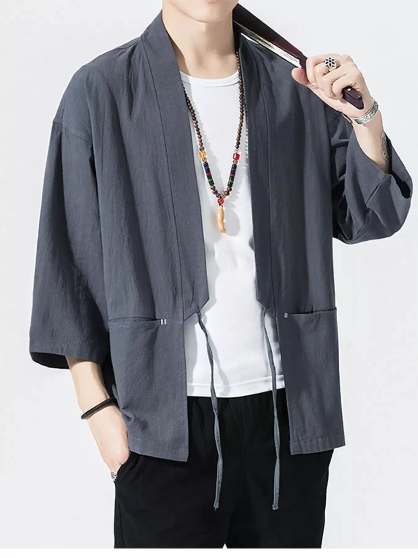 Men's Plus Size Tie Front 3/4 Sleeve Cardigan by Trendsi