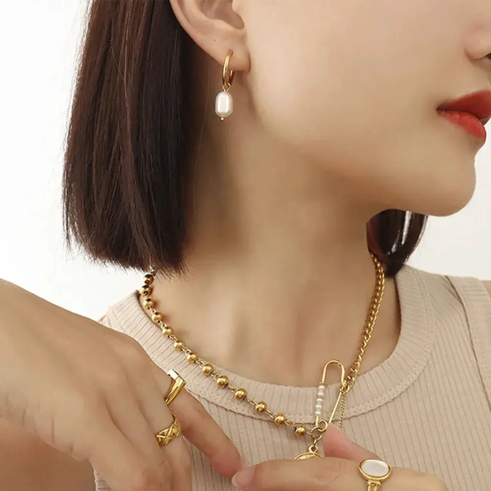 Gold-Plated Titanium Steel Pearl Earrings by Trendsi