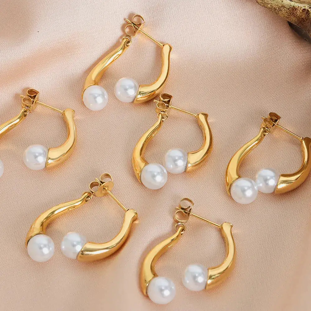 Synthetic Pearl Asymmetrical Titanium Steel Earrings by Trendsi
