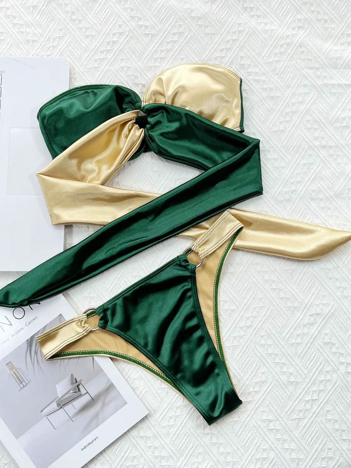 Two-Tone Ring Detail Tied Bikini Set by Trendsi