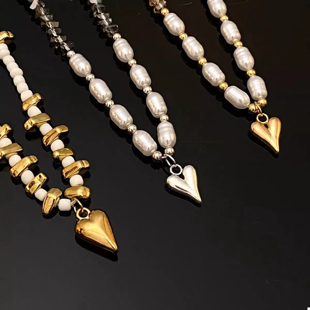 Pearl & Heart Pendant Necklace by Trendsi