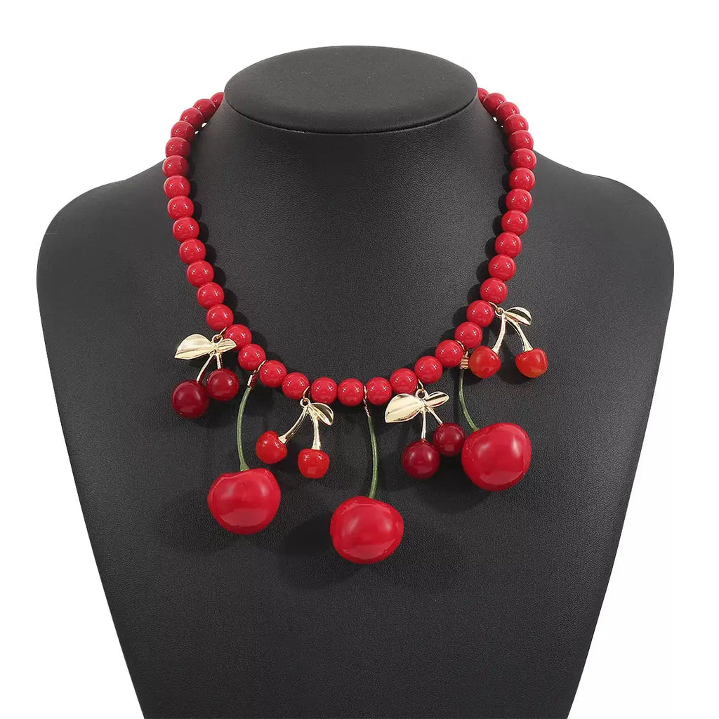 Cherry Charm Beaded Statement Necklace by Trendsi