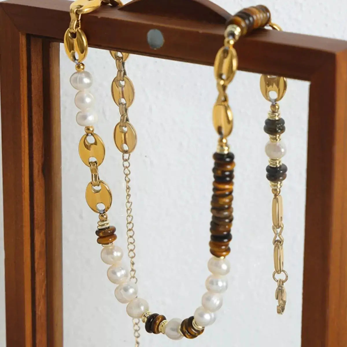 Tiger's Eye Freshwater Pearl 18K Gold-Plated Bead Necklace by Trendsi