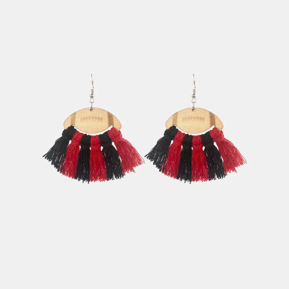 Fringe Detail Football Shape Wooden Dangle Earrings by Trendsi