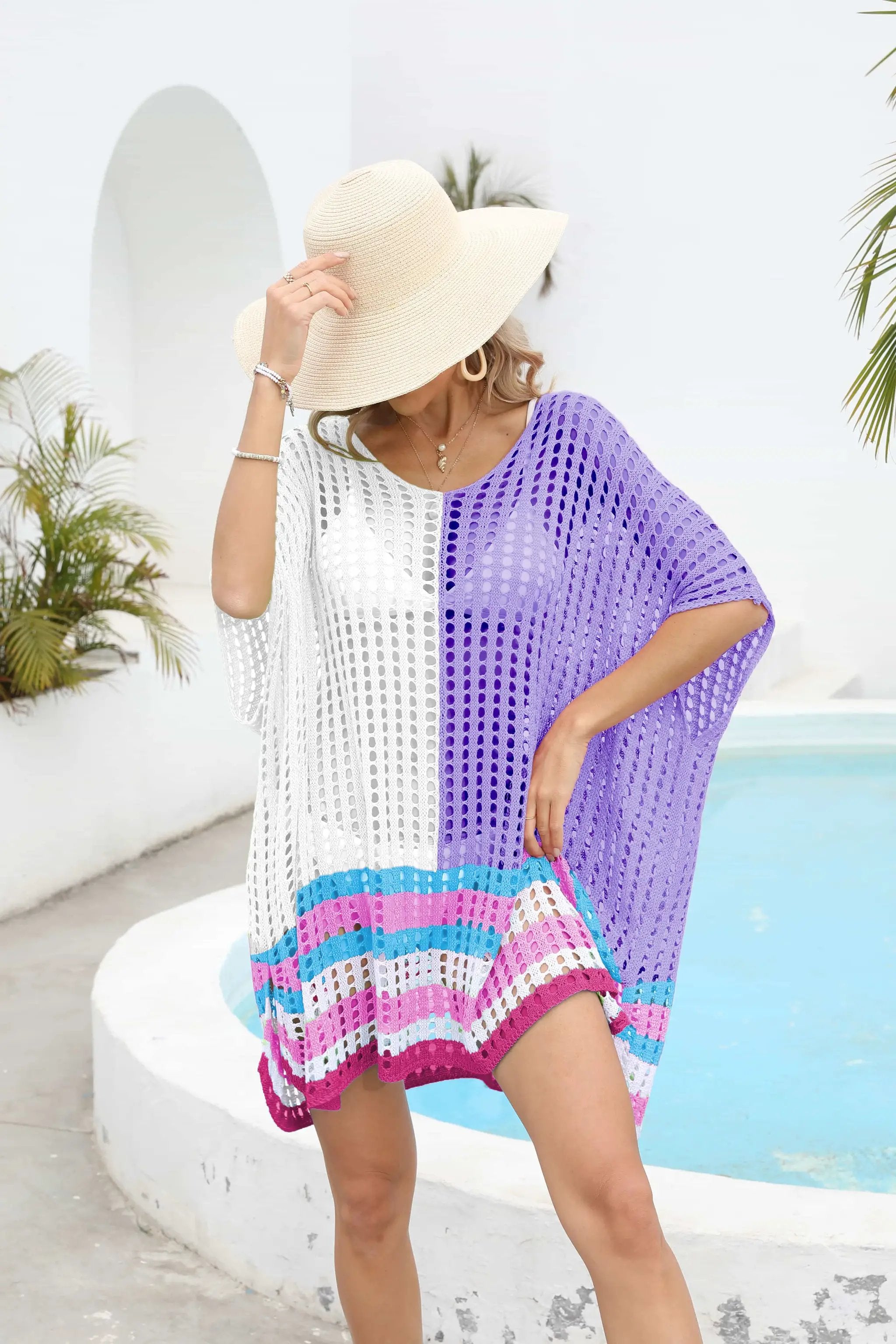 Contrast Scoop Neck Openwork Half Sleeve Cover Up by Trendsi