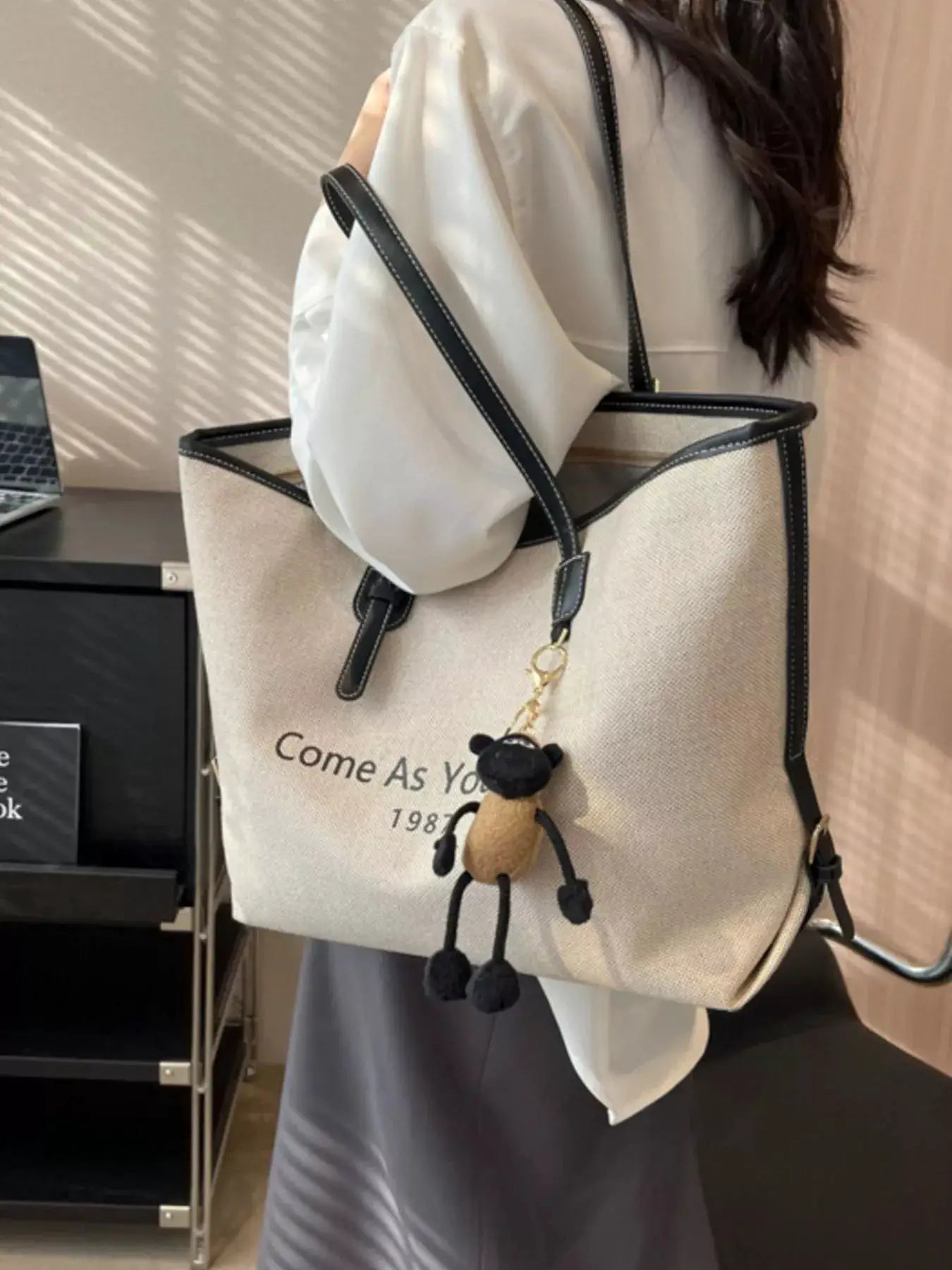 Canvas Tote Shoulder Bag with Charm by Trendsi