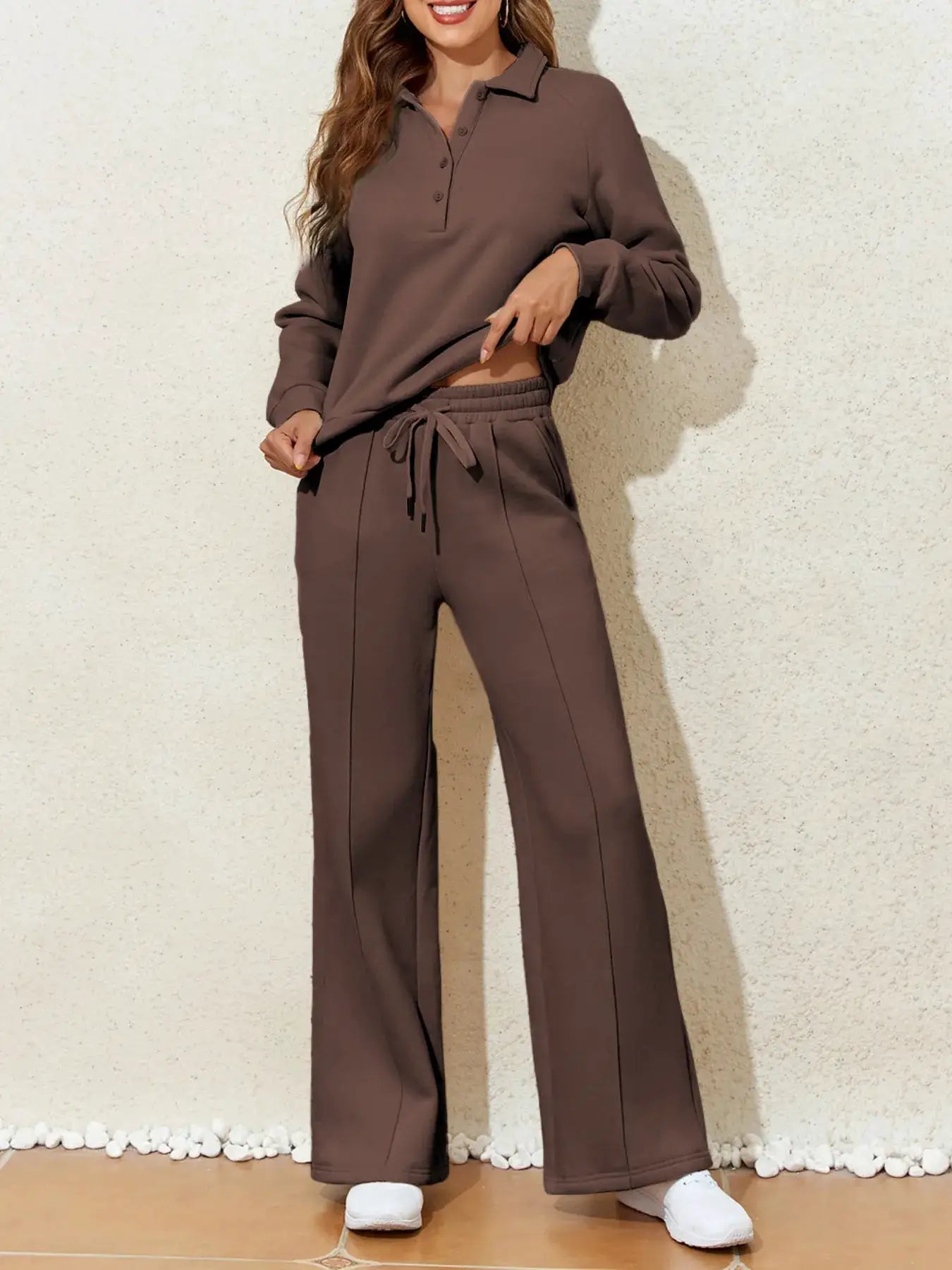 Collared Sweatshirt and High Waist Pants Active Set by Trendsi