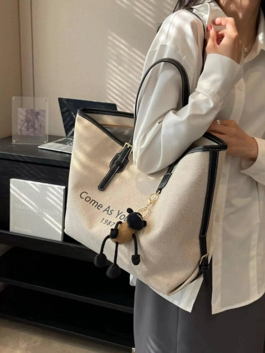 Canvas Tote Shoulder Bag with Charm by Trendsi
