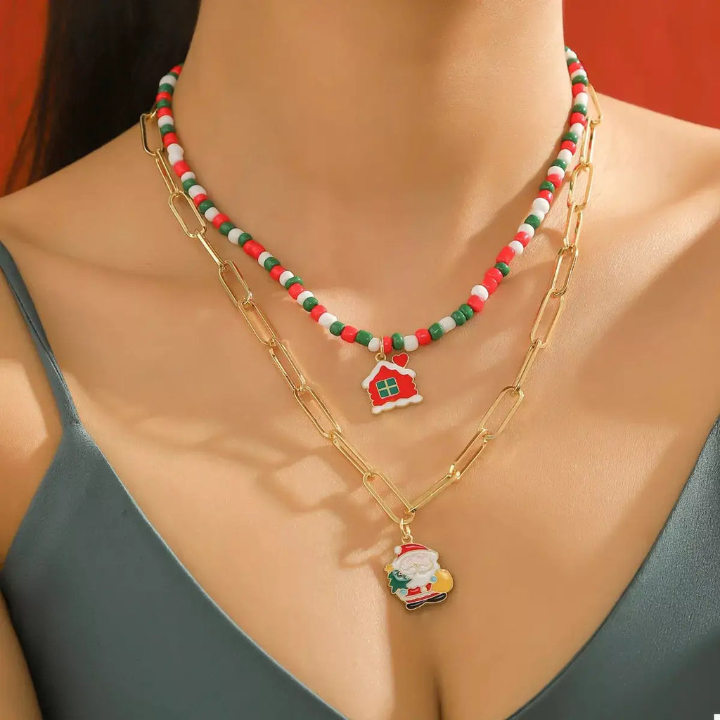 Christmas Double-Layer Necklace with Colorful Beads and Pendant by Trendsi