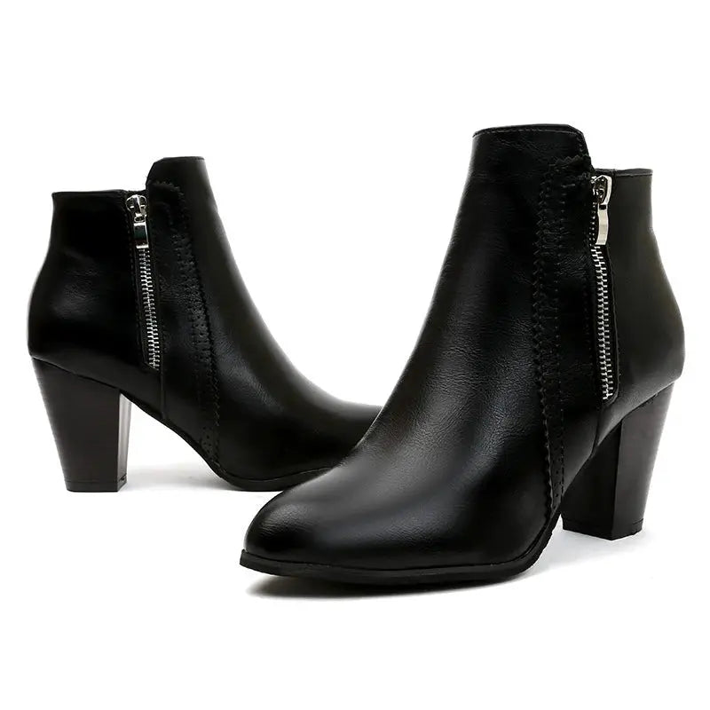 PU Leather Block Heel Boots by Trendsi