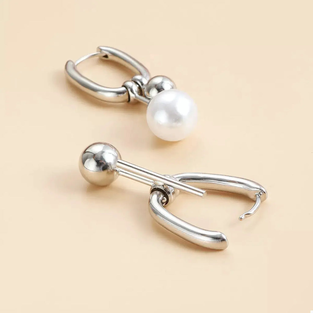 Asymmetrical Pearl Drop Hoop Earrings by Trendsi