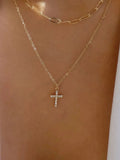 Double Layered Inlaid Zircon Cross Pendant Necklace by Trendsi
