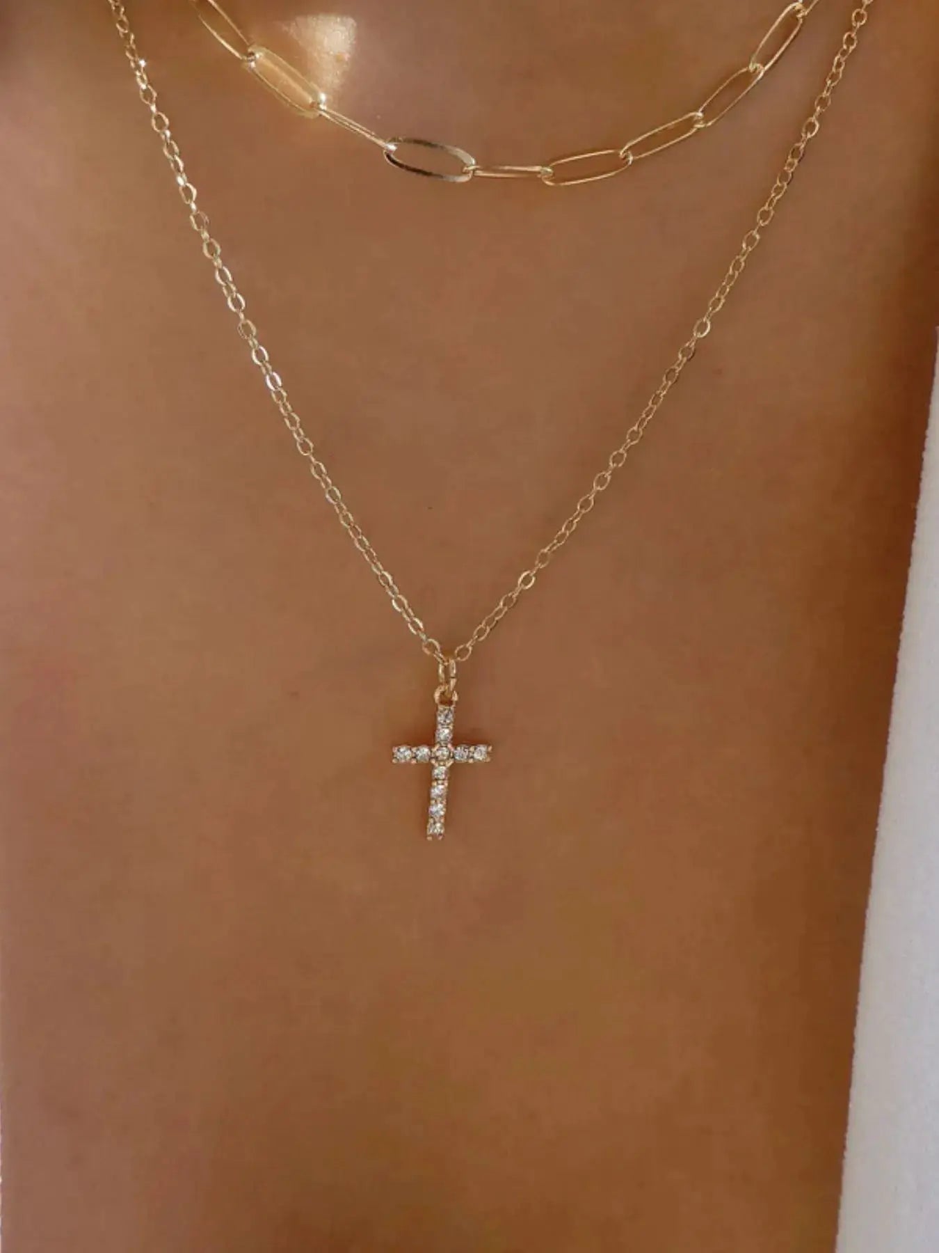 Double Layered Inlaid Zircon Cross Pendant Necklace by Trendsi