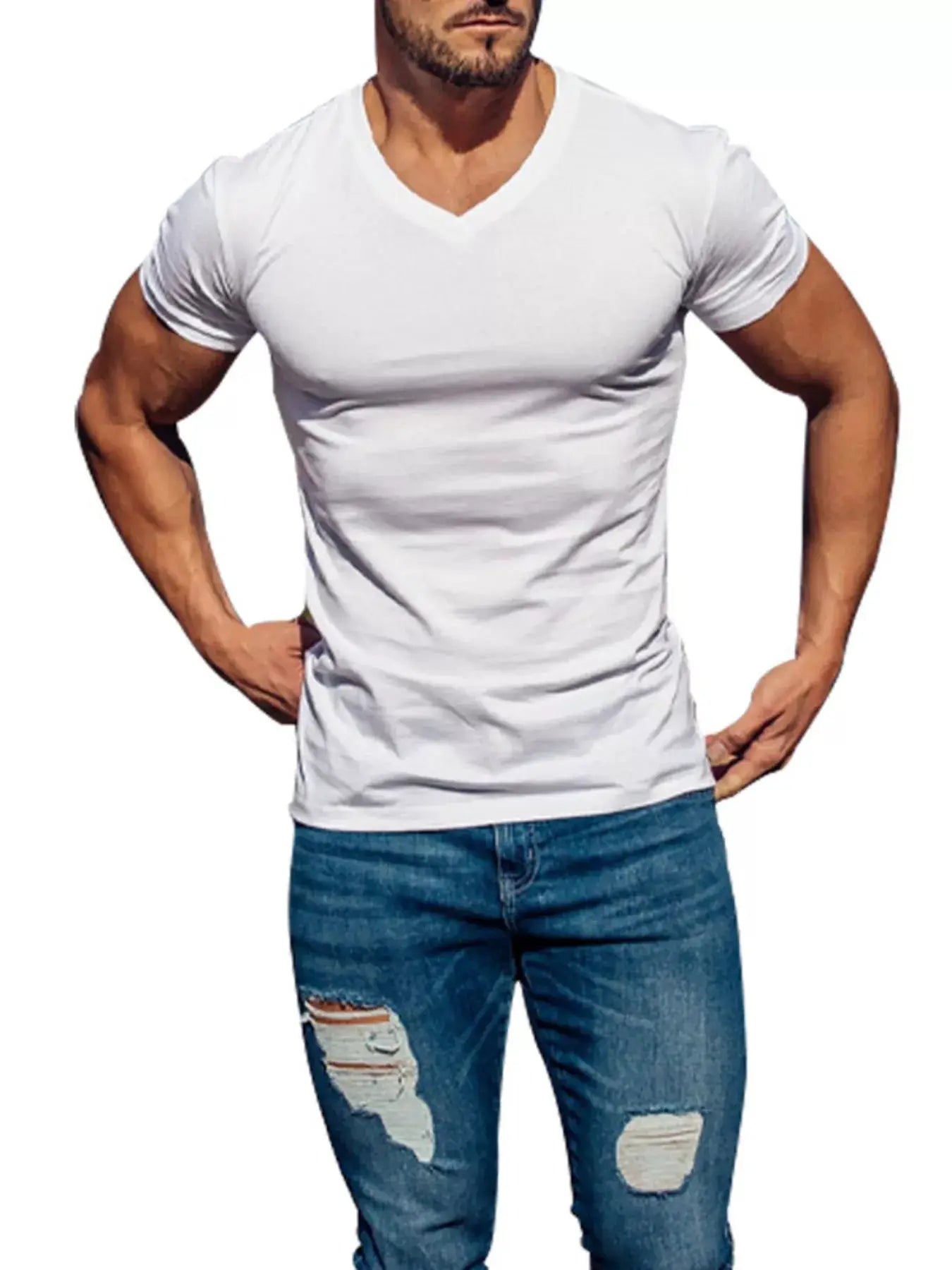 Men's Full Size V-Neck Slim Fit Casual T-Shirt Plus Size by Trendsi