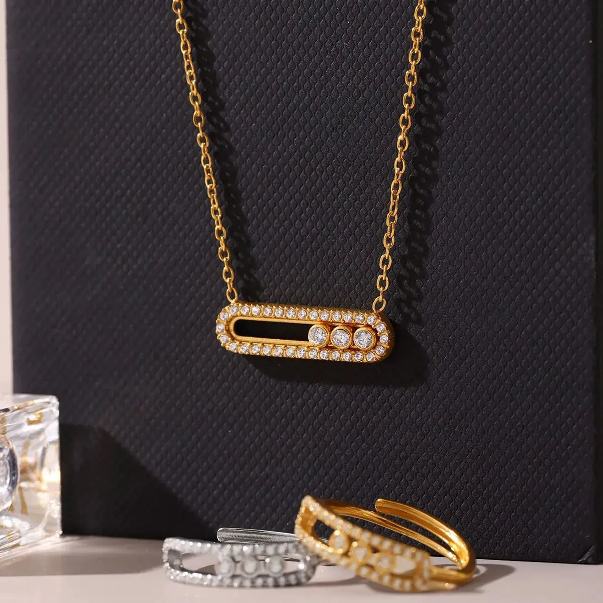 Moving Crystal Bar Necklace and Ring Jewelry Set by Trendsi