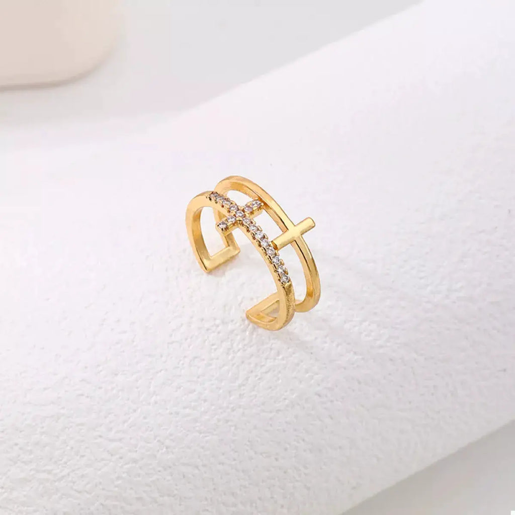 18K Gold-Plated Rhinestone Cross Open Ring by Trendsi