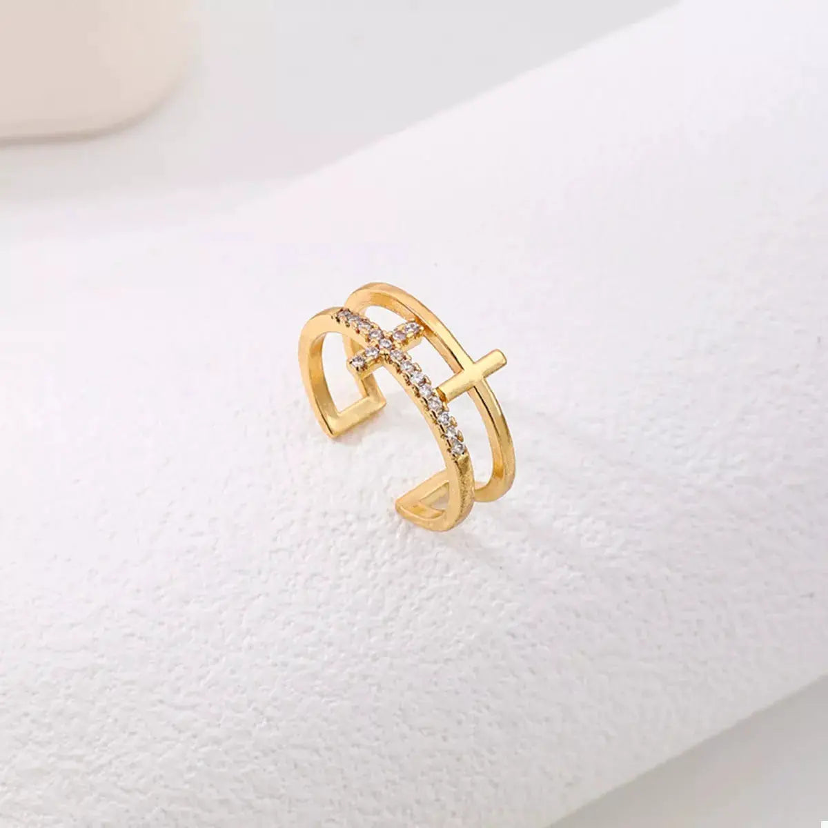 18K Gold-Plated Rhinestone Cross Open Ring by Trendsi