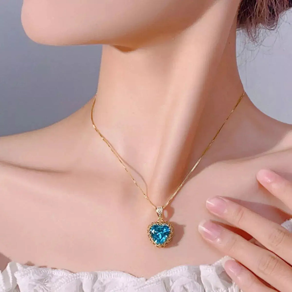 Heart-Shaped Aquamarine Pendant Necklace by Trendsi