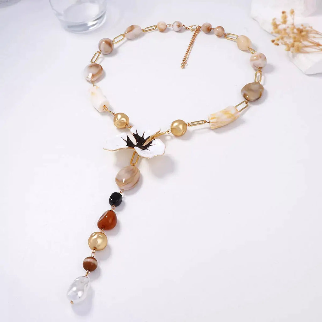 Alloy Dripping Oil Flower Resin Y-Shaped Necklace by Trendsi