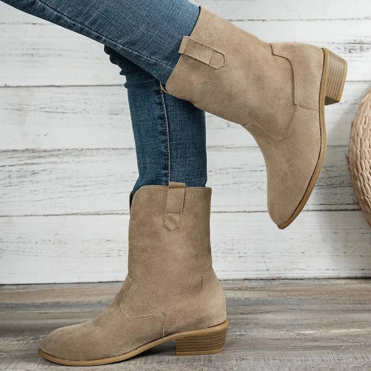 Suede Block Heel Western Boots by Trendsi