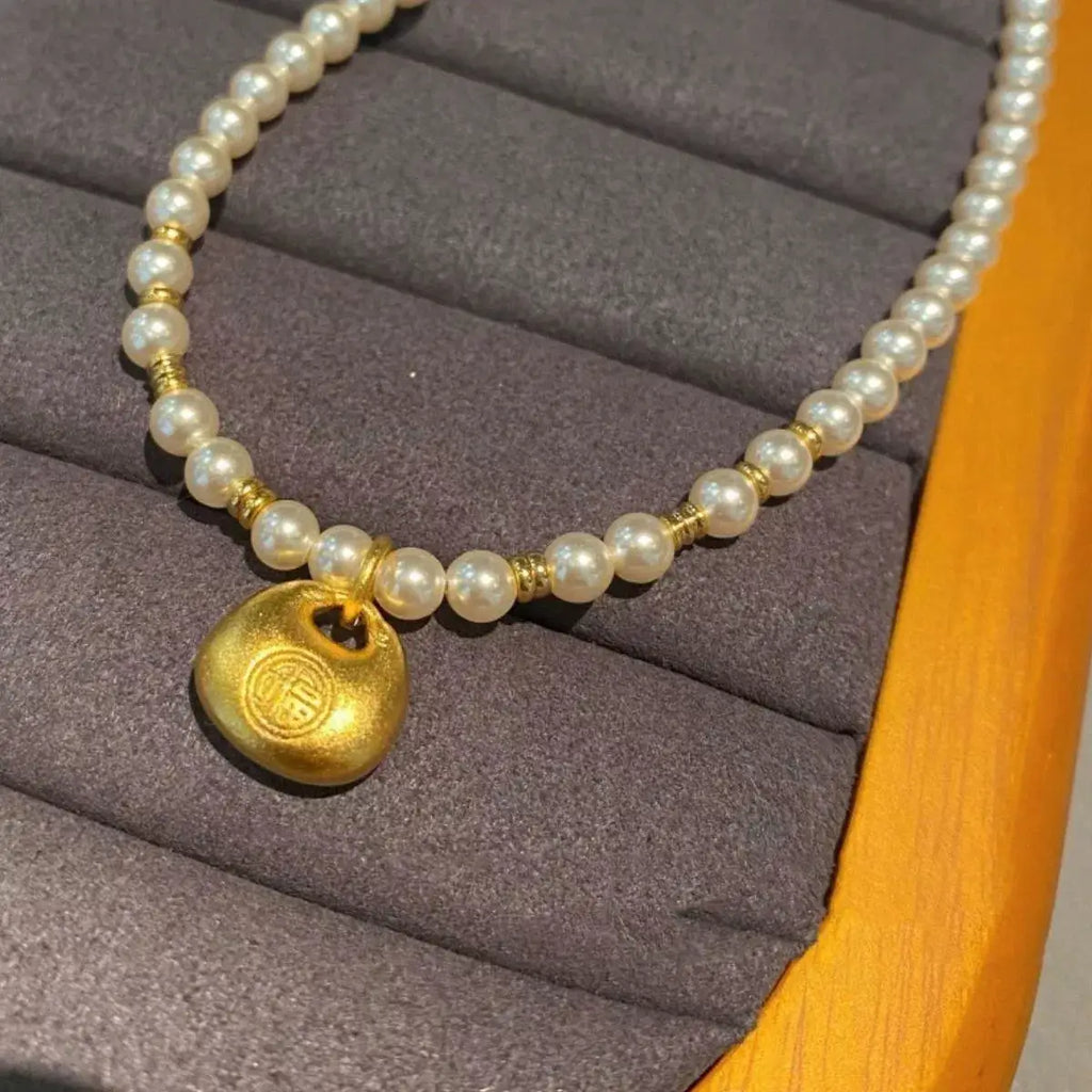 Pearl Necklace with Golden Pendant by Trendsi