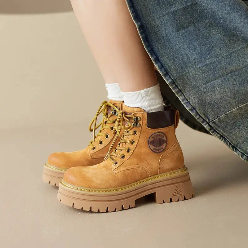 Round Toe Platform Lace Up Boots by Trendsi