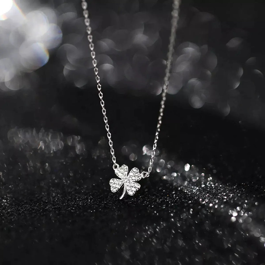 925 Sterling Silver Zircon Four Leaf Clover Necklace by Trendsi
