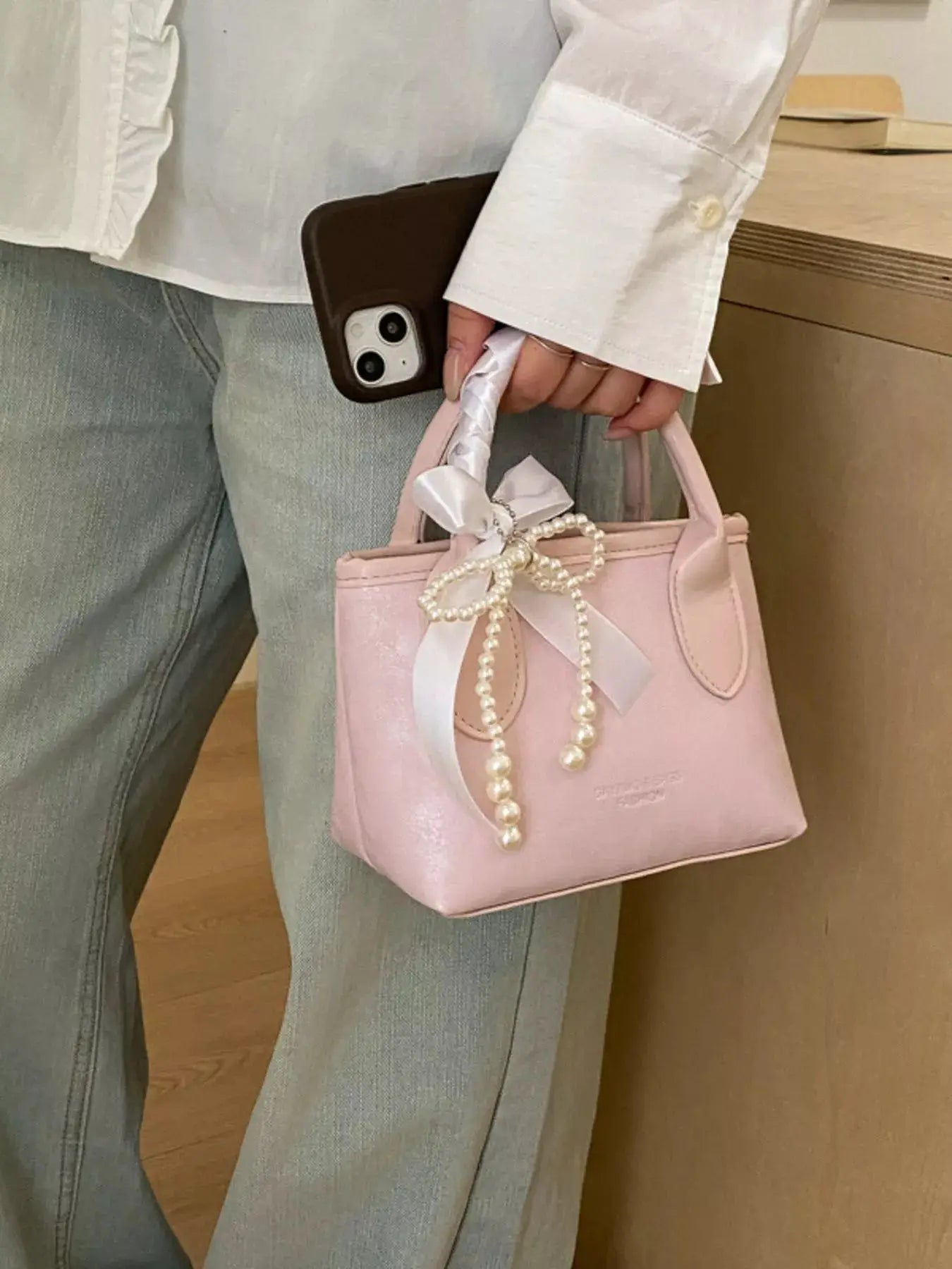 Pearl Bow Charm Crossbody Bag by Trendsi