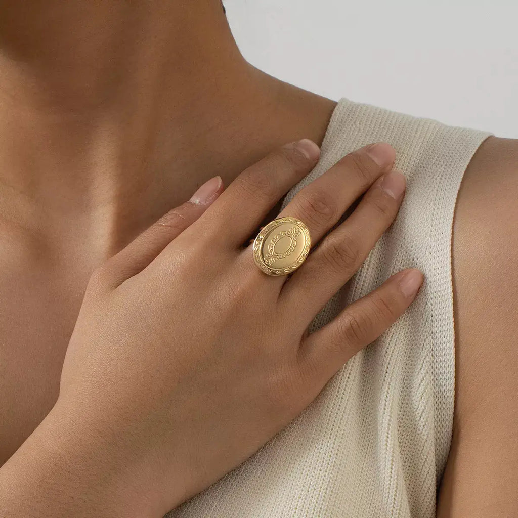 18K Gold-Plated Open Engraved Ring by Trendsi