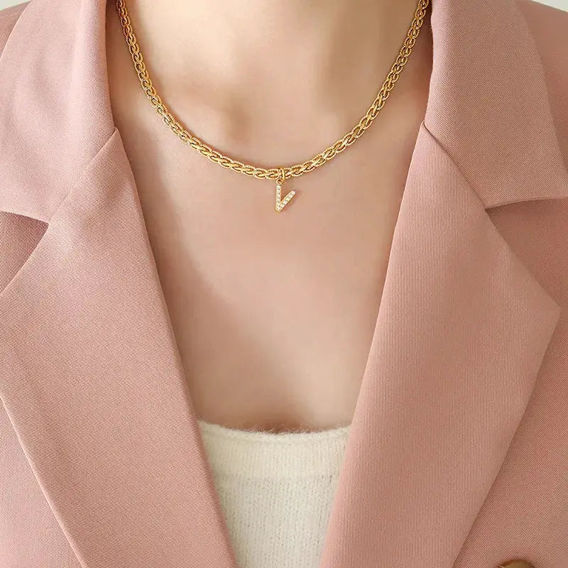 Brass Inlaid Zircon Letter Pendant Necklace by Trendsi